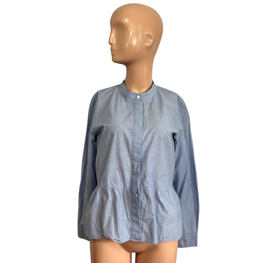 Madewell M Blue Top Mandarin Peplum Hem Minimalist Casual Monochrome Chambray